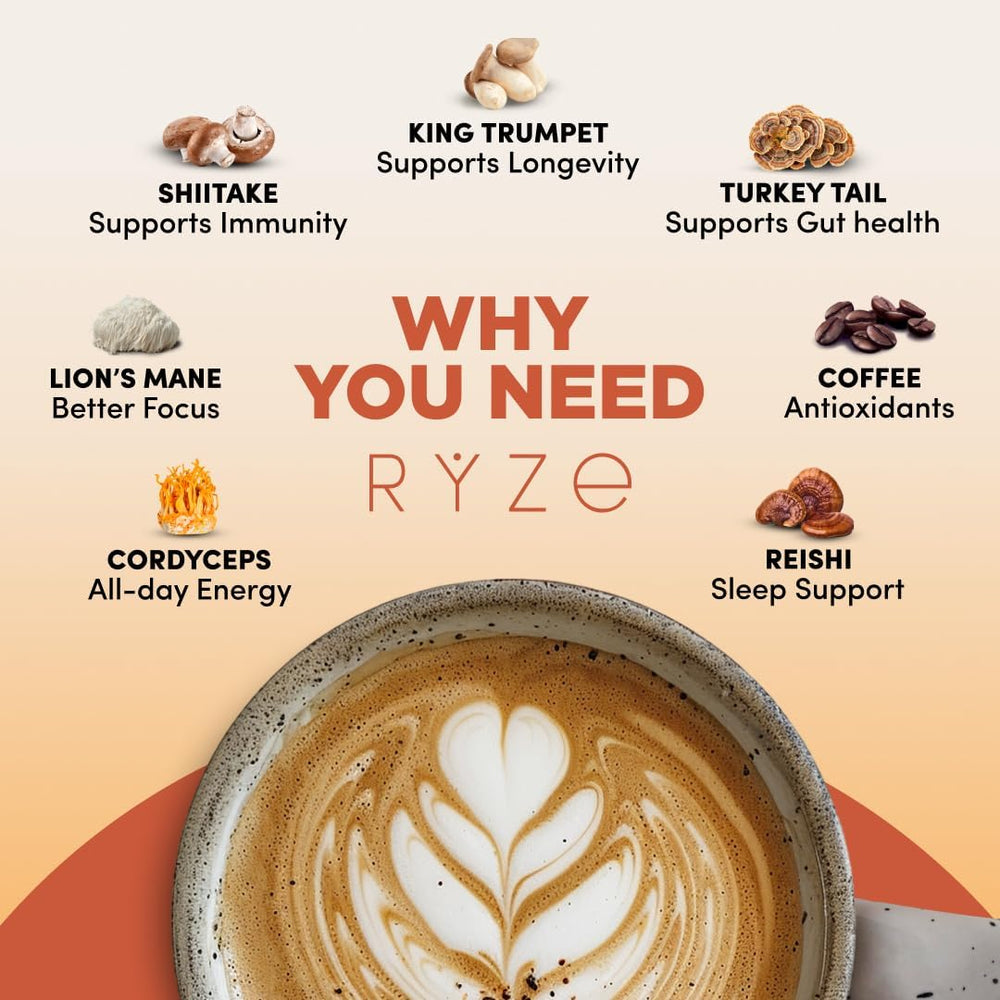 RYZE SUPERFOODS taza preparada con crema, realzando sabor y aspecto reconfortante