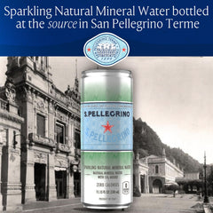 S.Pellegrino lata en mano que muestra tamaño portable y conveniencia