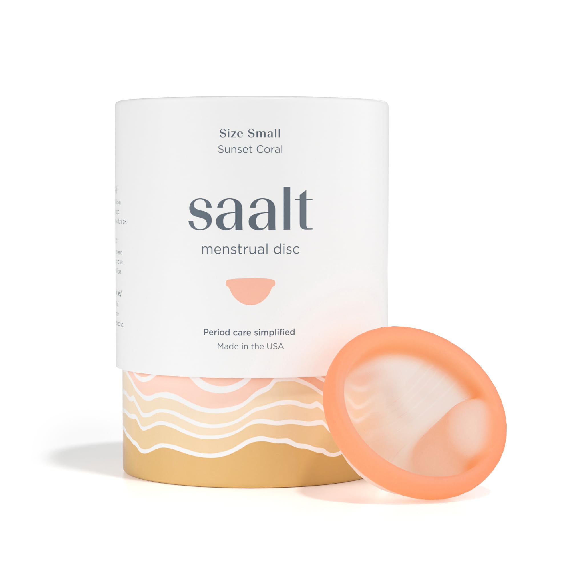 saalt frontal: paquete del disco menstrual mostrando diseño y marca saalt, fácil identificación