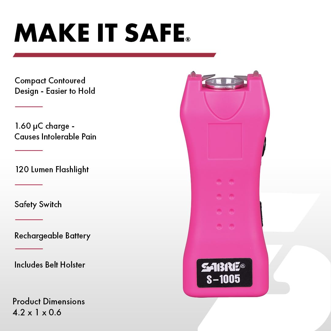 SABRE stun gun front view with LED flashlight for clear illumination