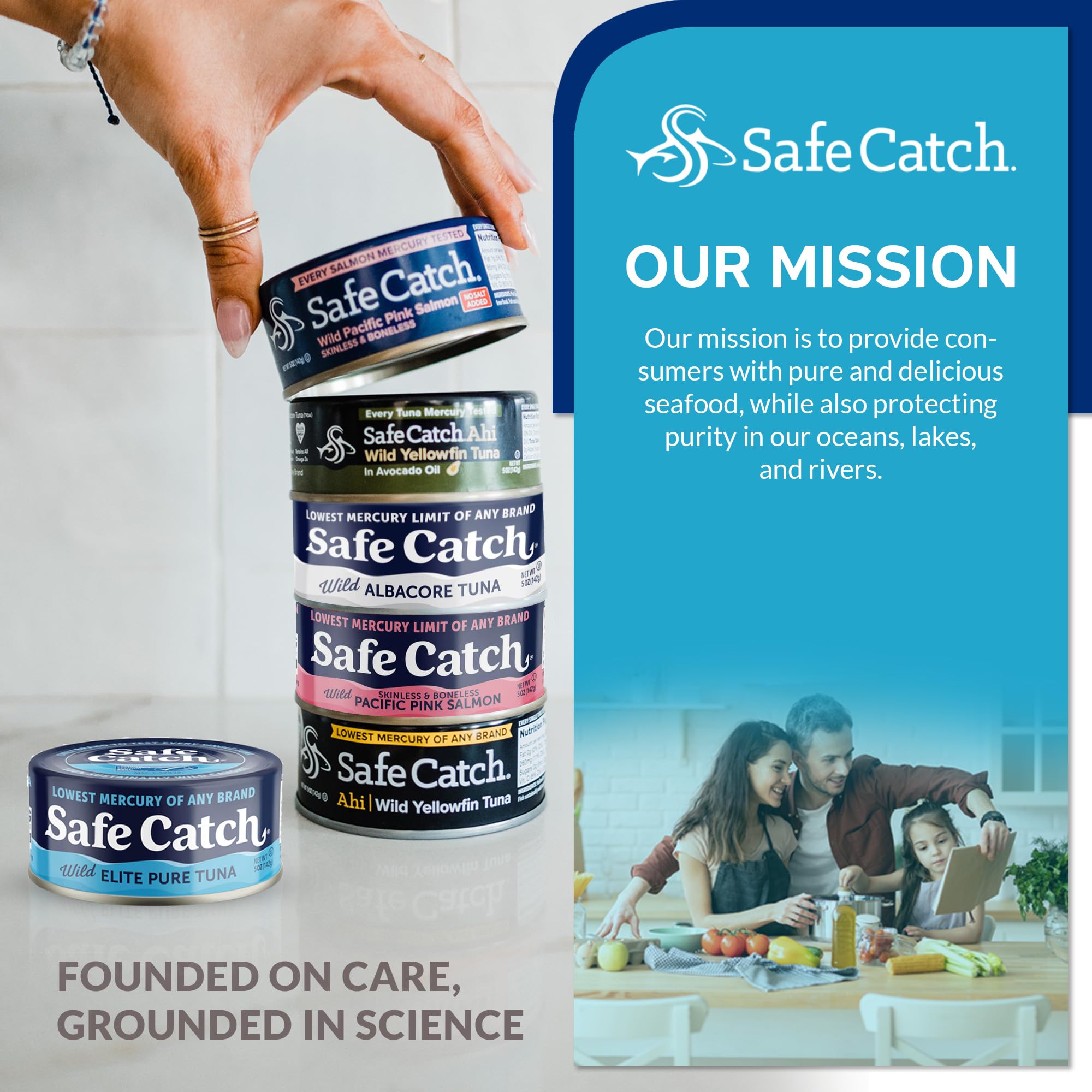 Safe Catch lata abierta mostrando aceites y jugos naturales, sabor