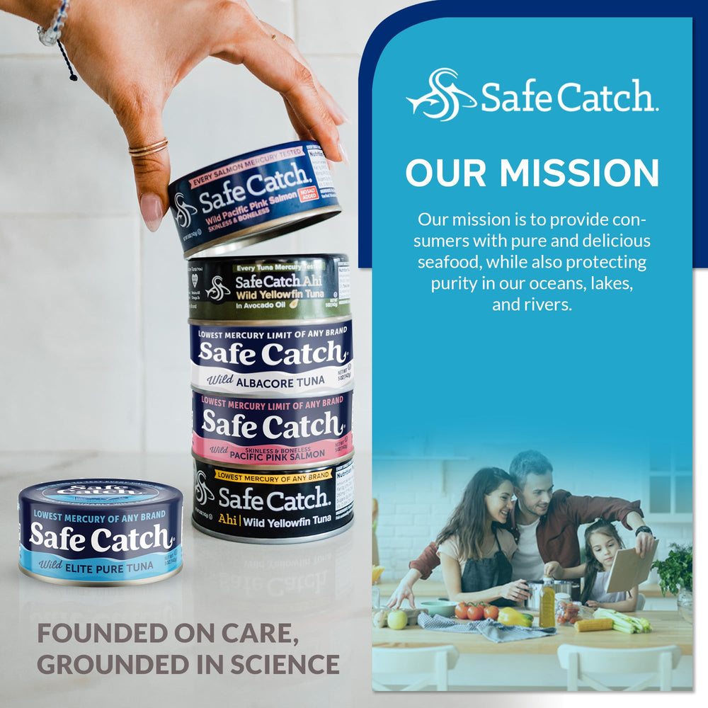Safe Catch lata abierta mostrando aceites y jugos naturales, sabor
