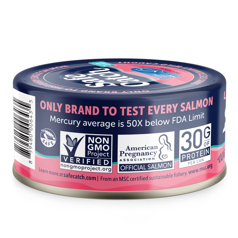Safe Catch lata abierta con salmón jugoso listo para consumir