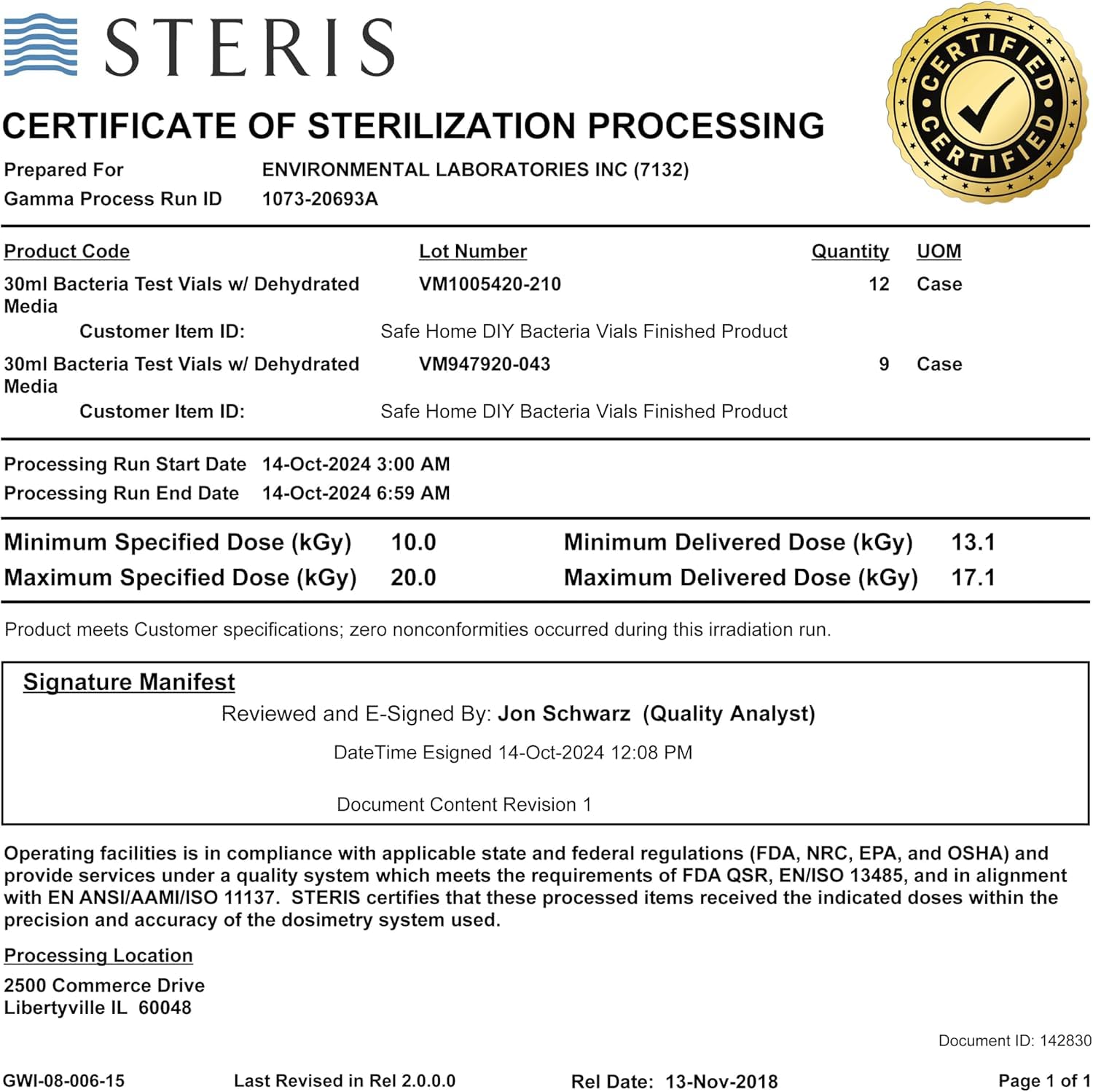 Safe Home etiqueta de certificado que valida esterilización y calidad