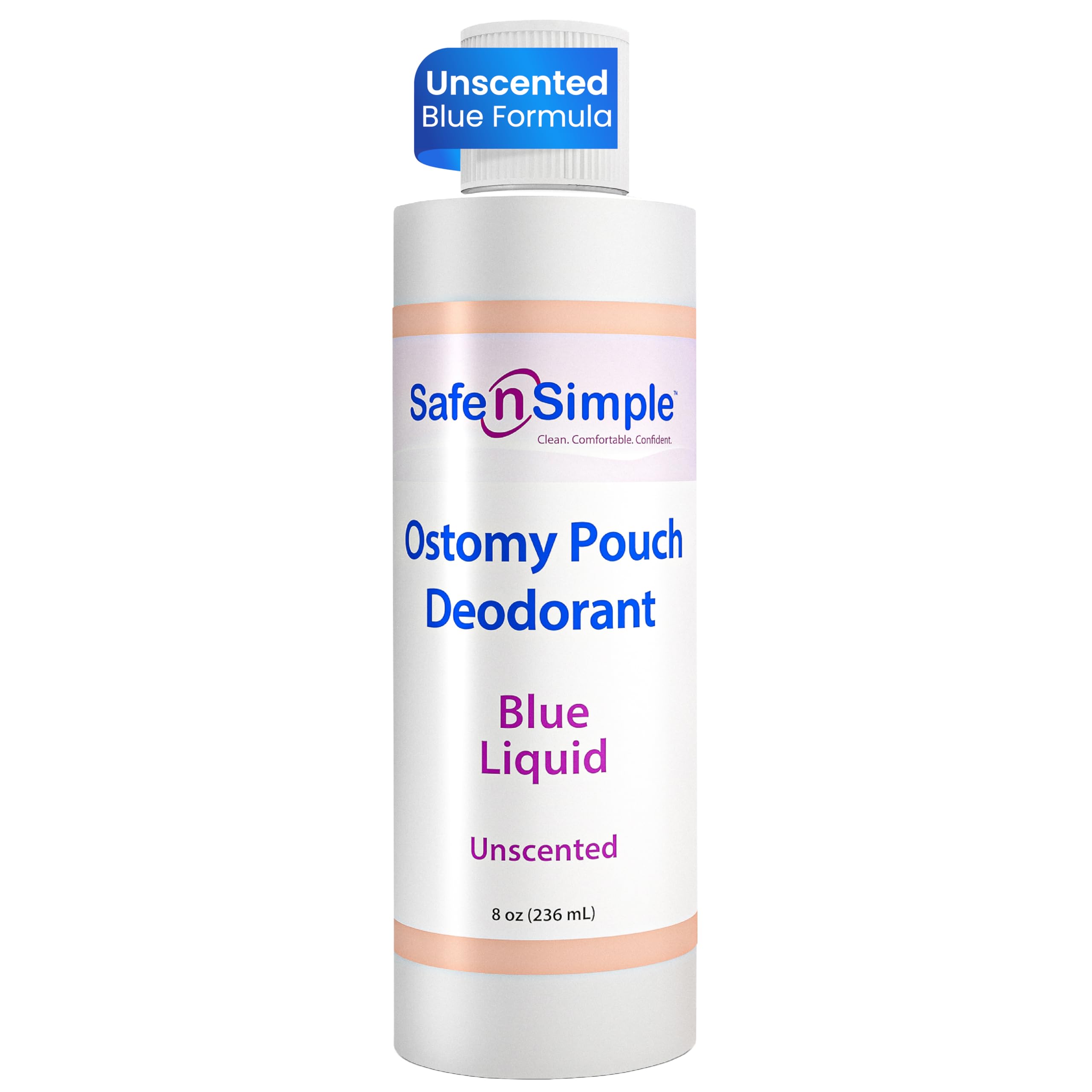 Safe n' Simple envase frontal mostrando etiqueta y tamaño 8 oz, confianza discreta