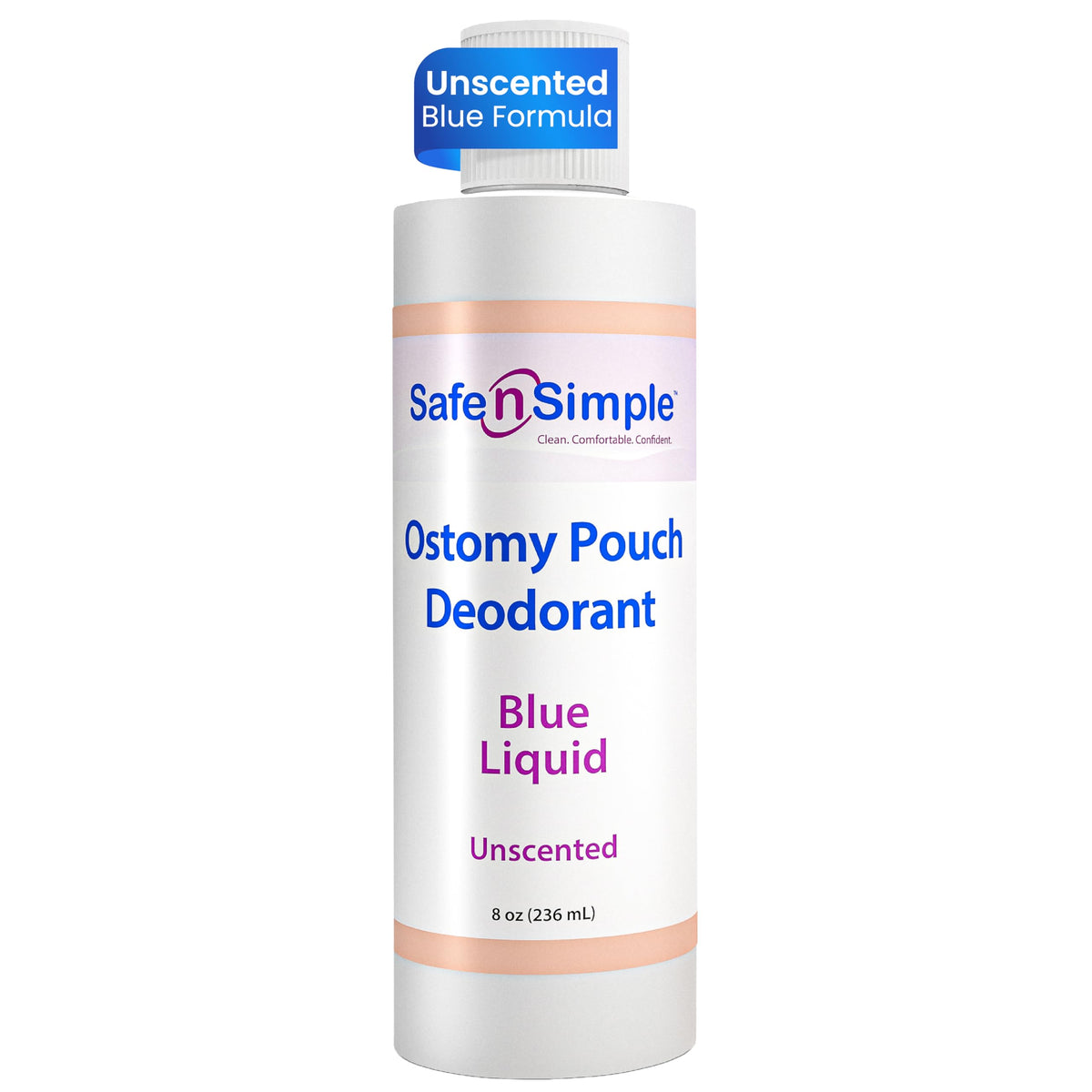 Safe n' Simple envase frontal mostrando etiqueta y tamaño 8 oz, confianza discreta