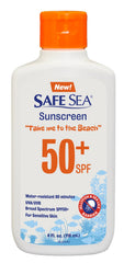 SAFE SEA frente del envase mostrando etiqueta y SPF 50+ para protección
