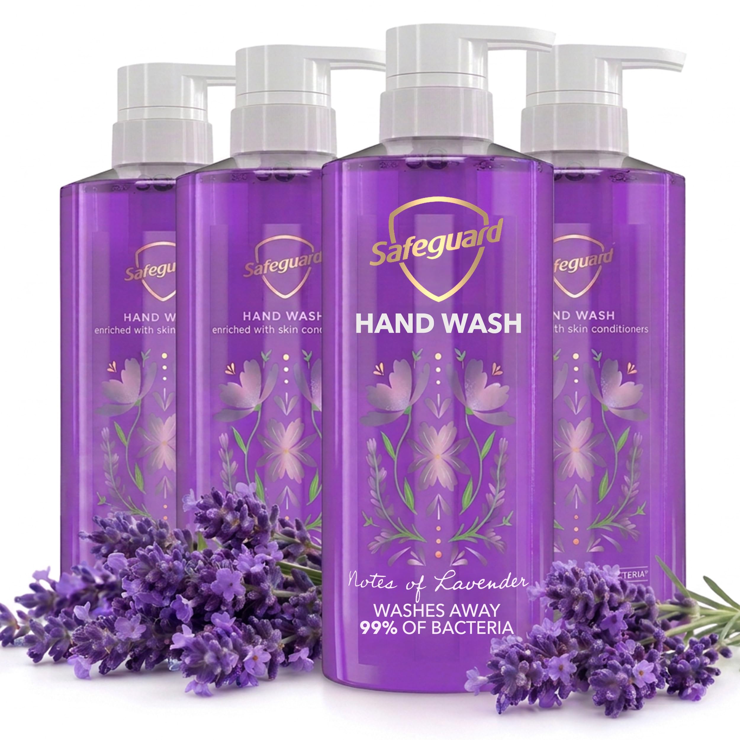 Safeguard botella frontal lavanda mostrando diseño y aroma relajante