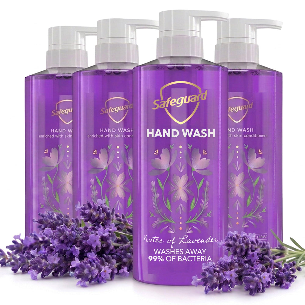 Safeguard botella frontal lavanda mostrando diseño y aroma relajante