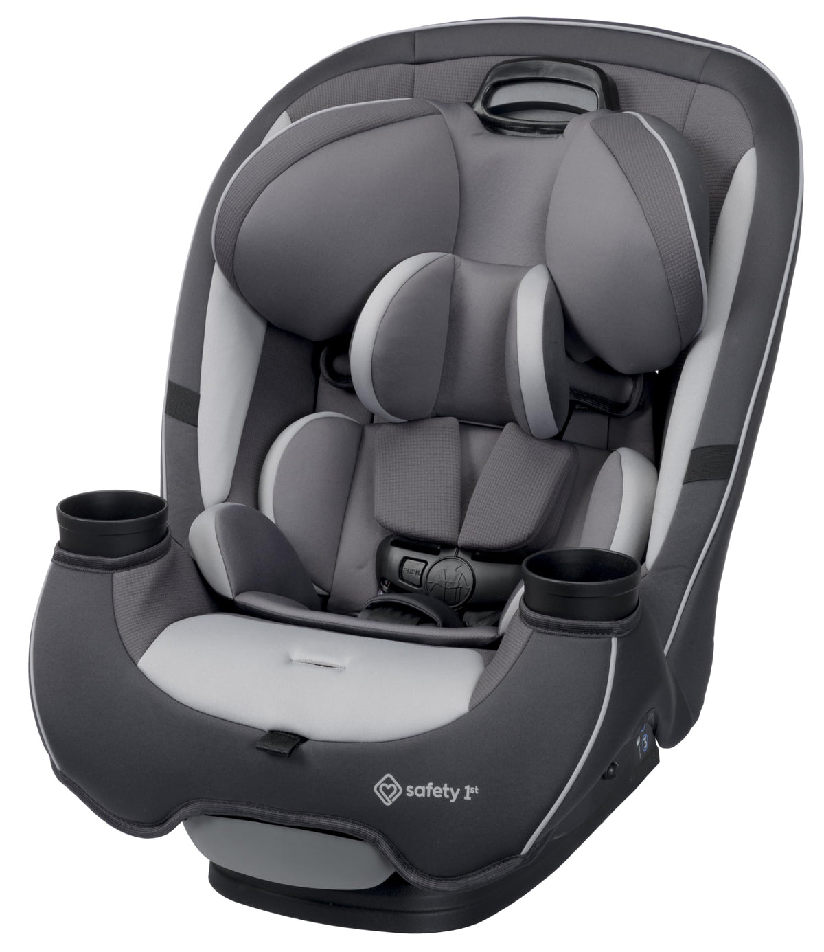 Safety 1st vista frontal del embalaje mostrando la silla y color Iron Frost, versatilidad