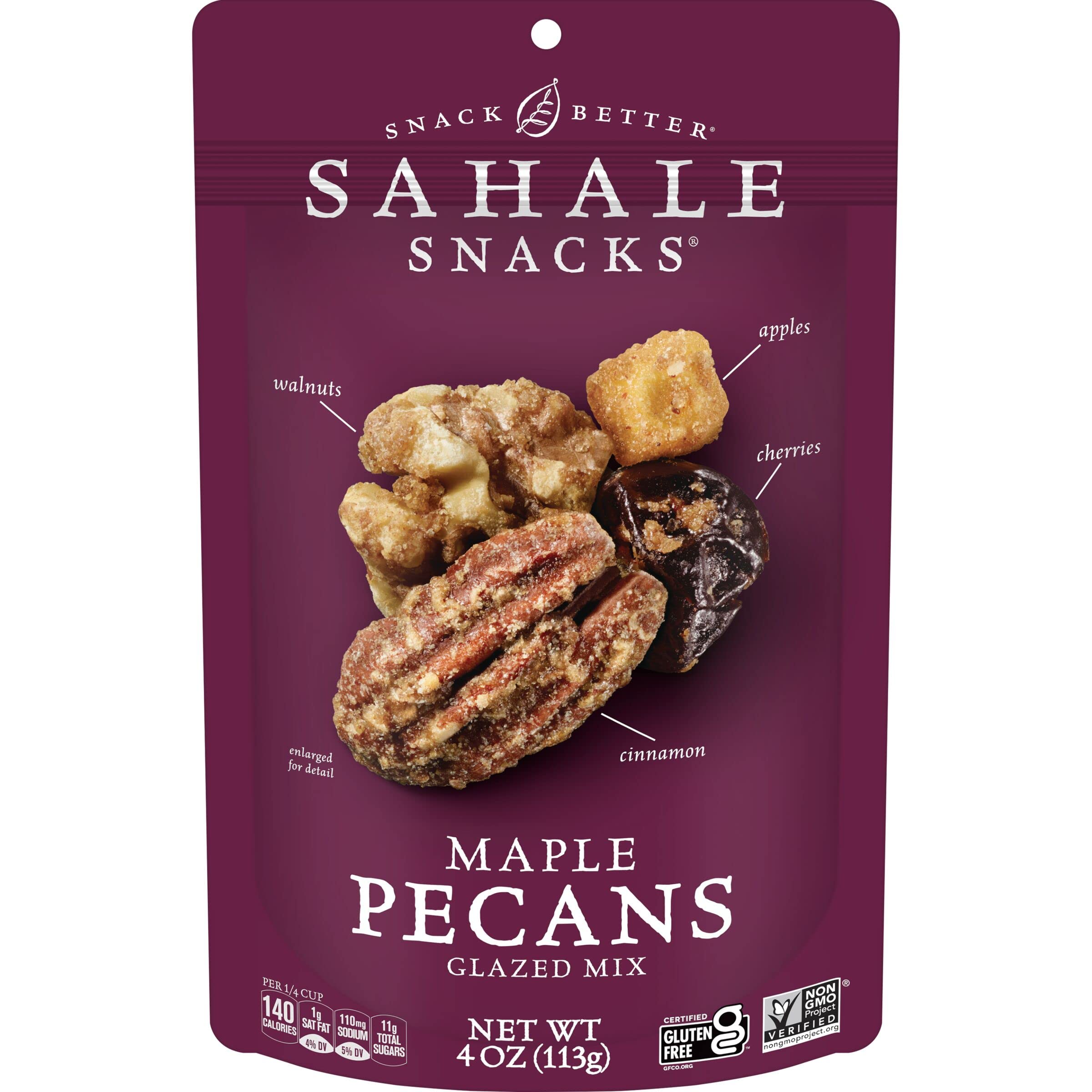 Sahale Snacks empaque frontal mostrando maple y canela, atractivo visual y práctico