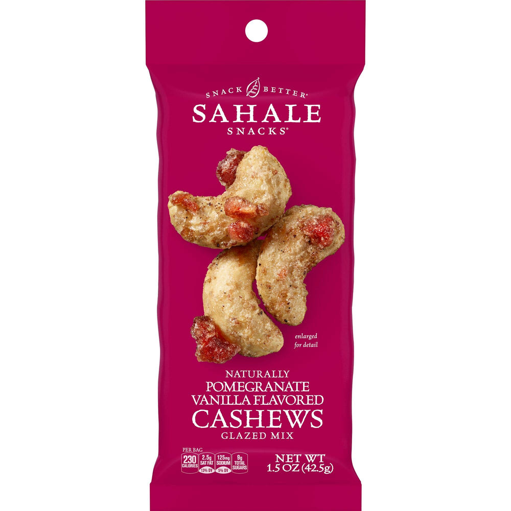 Sahale Snacks frente del empaque mostrando paquete individual y marca, portátil y práctico