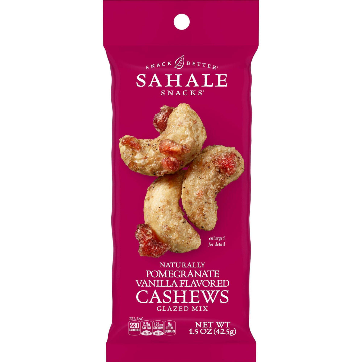 Sahale Snacks frente del empaque mostrando paquete individual y marca, portátil y práctico
