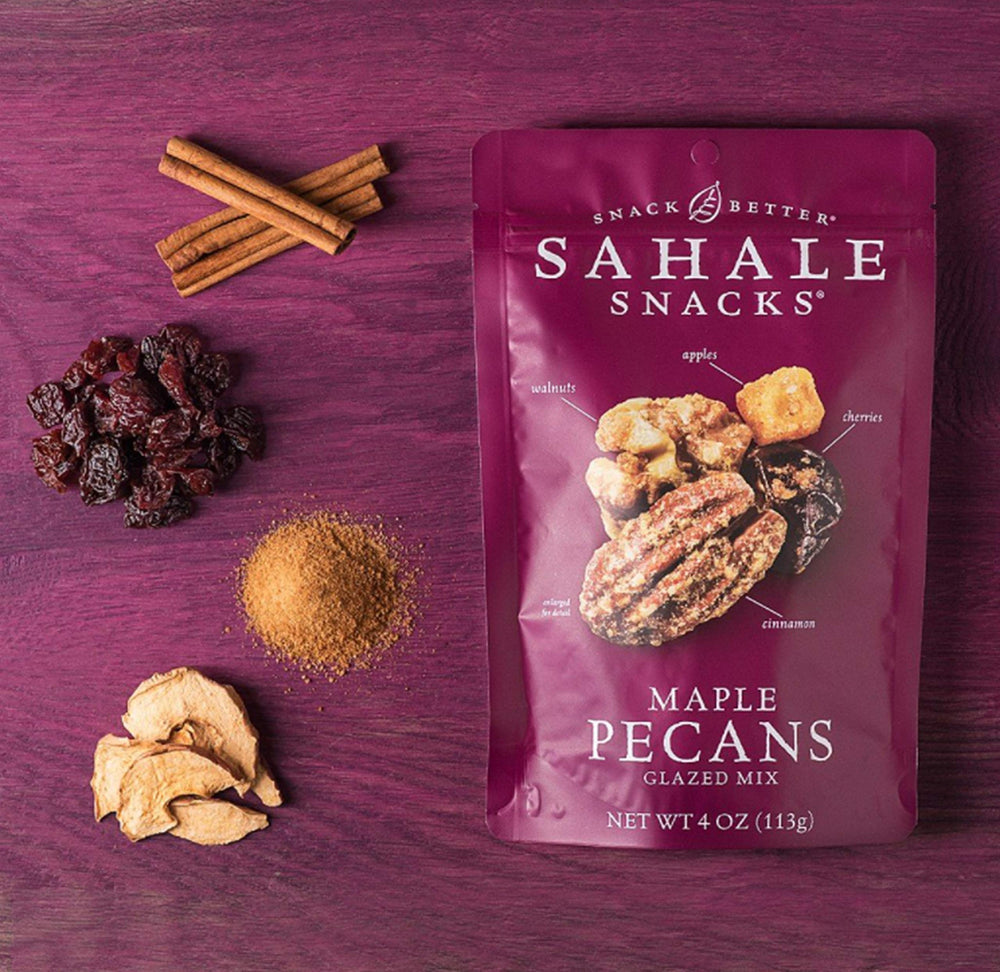 Sahale Snacks primer plano de pacanas glaseadas, resalta crocancia y sabor