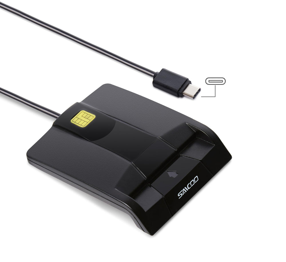 saicoo lector frontal empacado mostrando puerto USB-C y diseño ergonómico para uso seguro