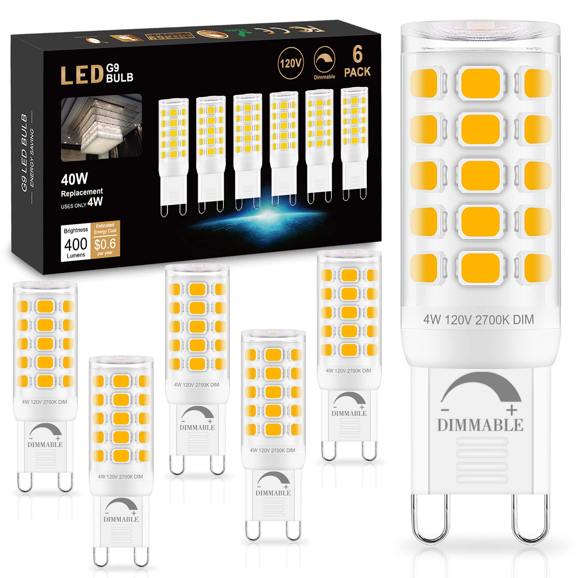 Sailstar pack de 6 bombillas G9 4W vista frontal, ahorro energético inmediato