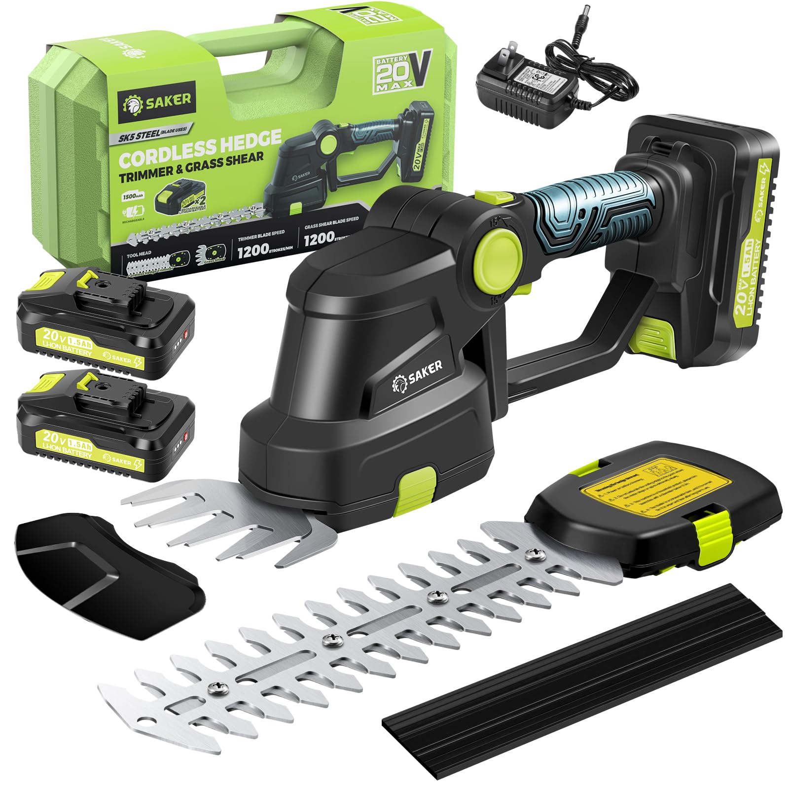 Saker hedge trimmer front view showing controls and ergonomic grip for comfortable trimming
