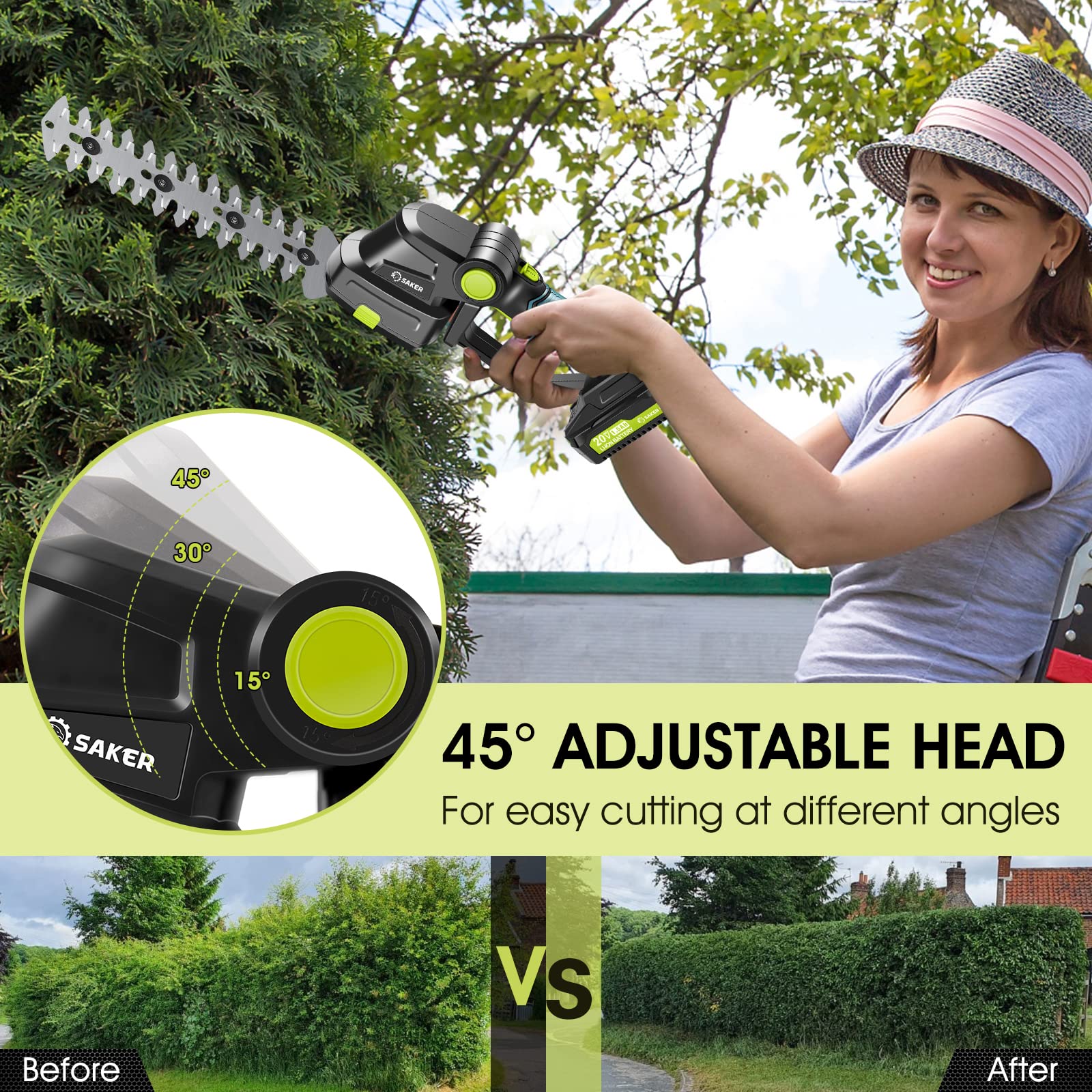 Saker trimmer in use on garden hedge demonstrating cordless mobility and ease