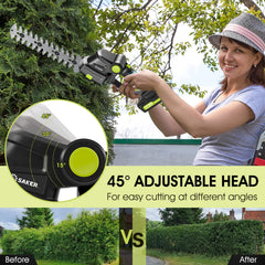 Saker trimmer in use on garden hedge demonstrating cordless mobility and ease