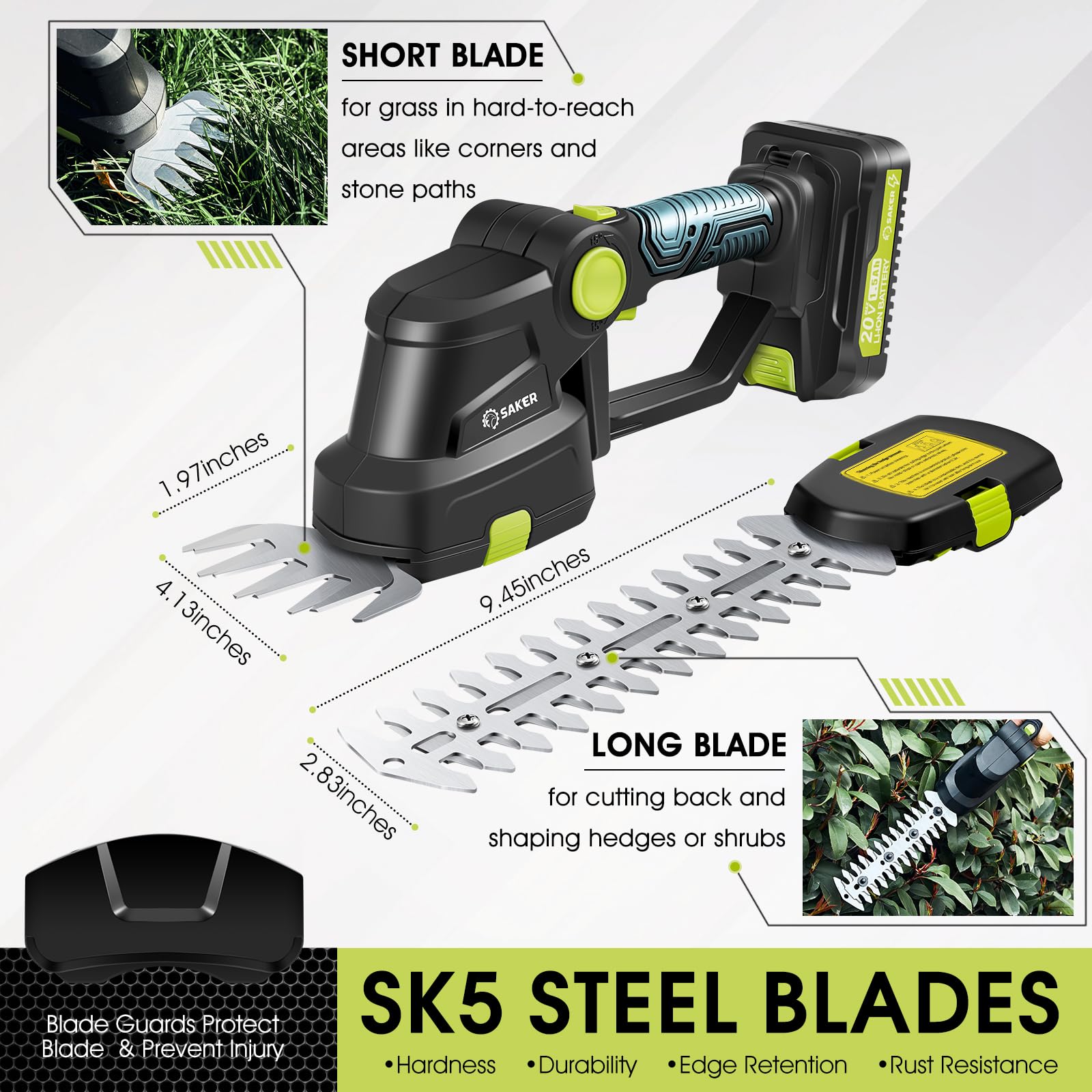 Saker short blade detail showing compact teeth for clean grass and edge cutting