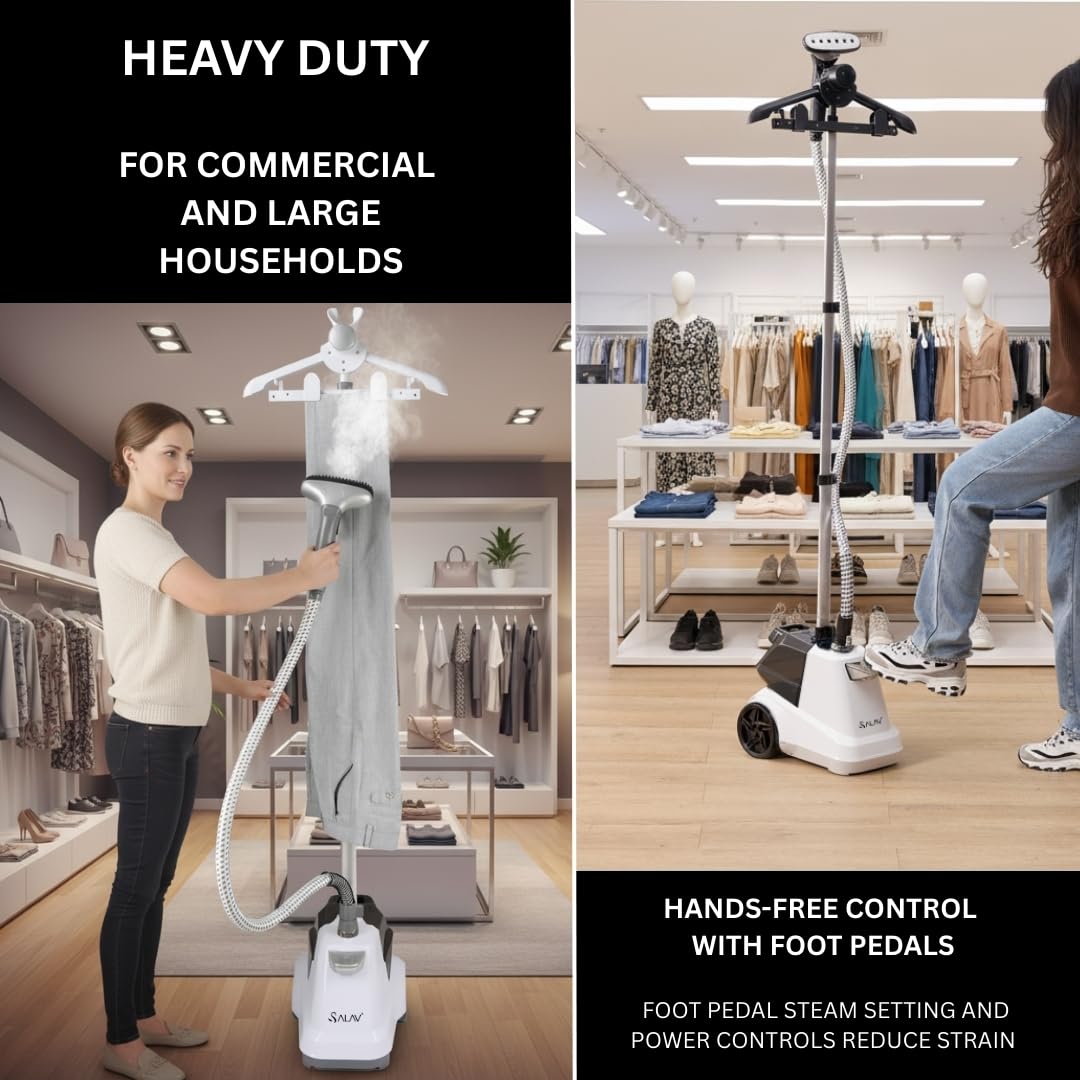 SALAV perchero ajustable sosteniendo un vestido, facilita vaporizar prendas largas