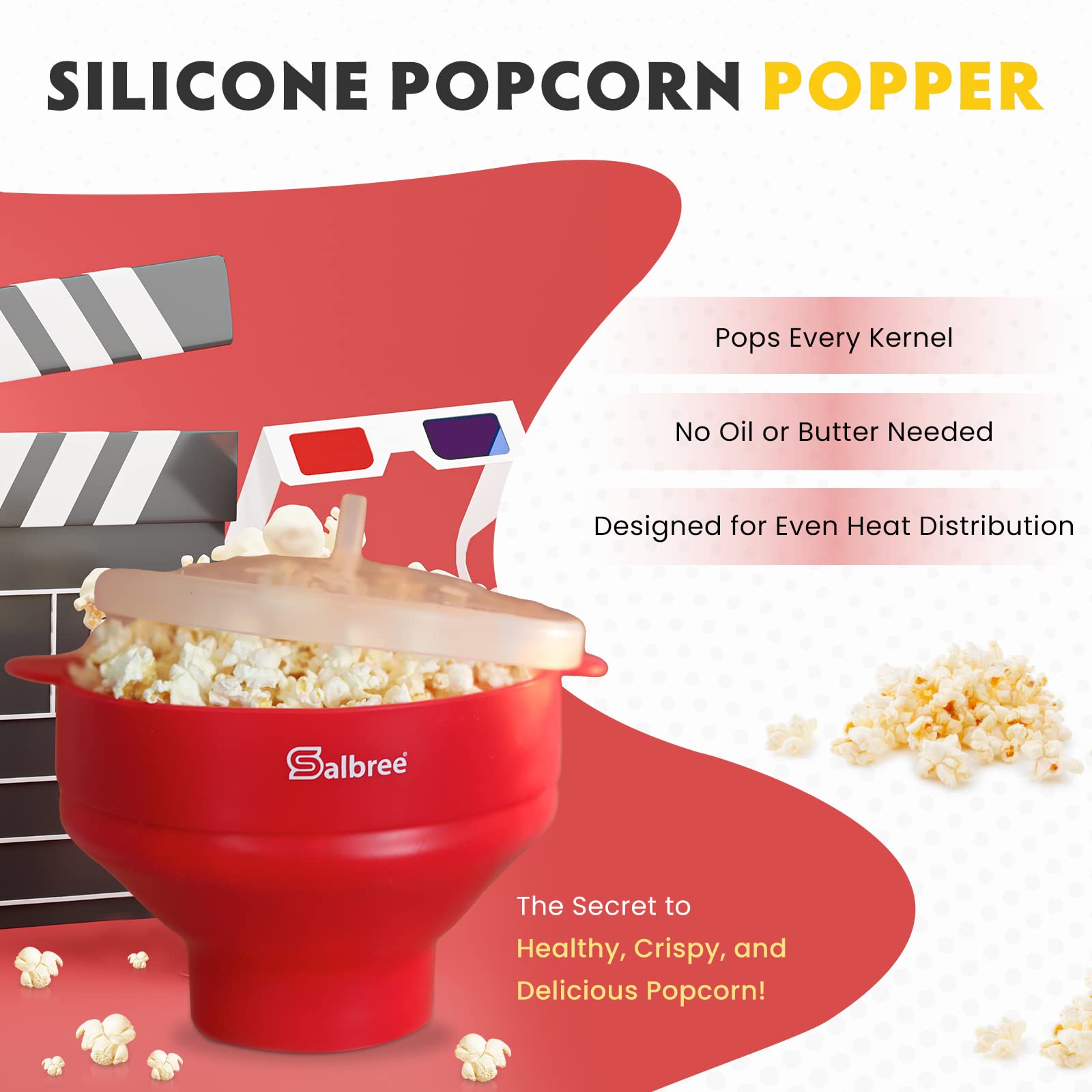 Salbree expanded silicone bowl filled with popped kernels showing capacity benefit