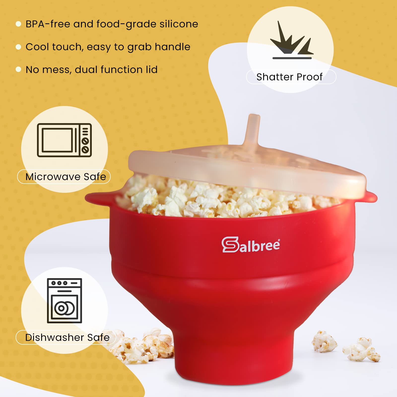 Salbree bowl with popcorn and toppings showing easy serving and customization