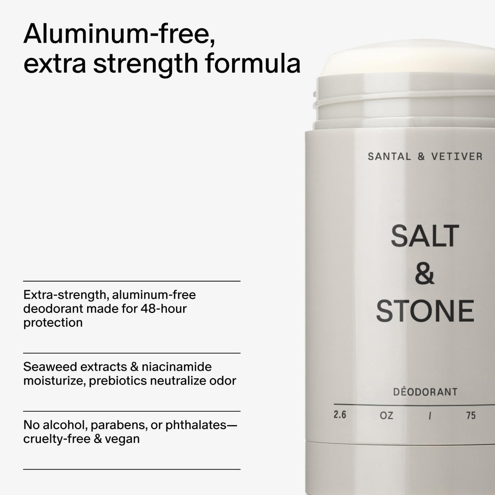 Salt & Stone etiqueta con ingredientes destacados, beneficio de hidratación con ácido hialurónico