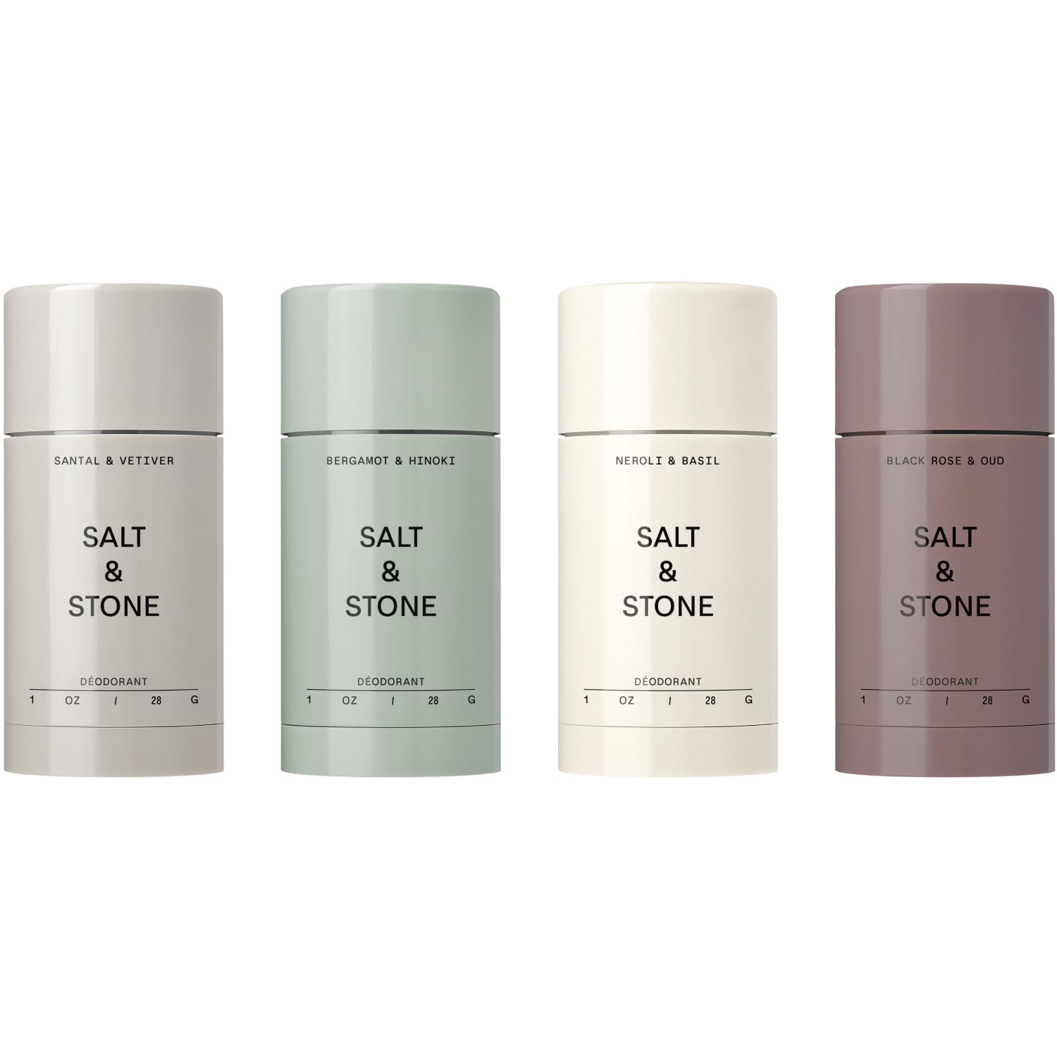Salt & Stone empaque del set viaje mostrando cuatro sticks, ideal para llevar