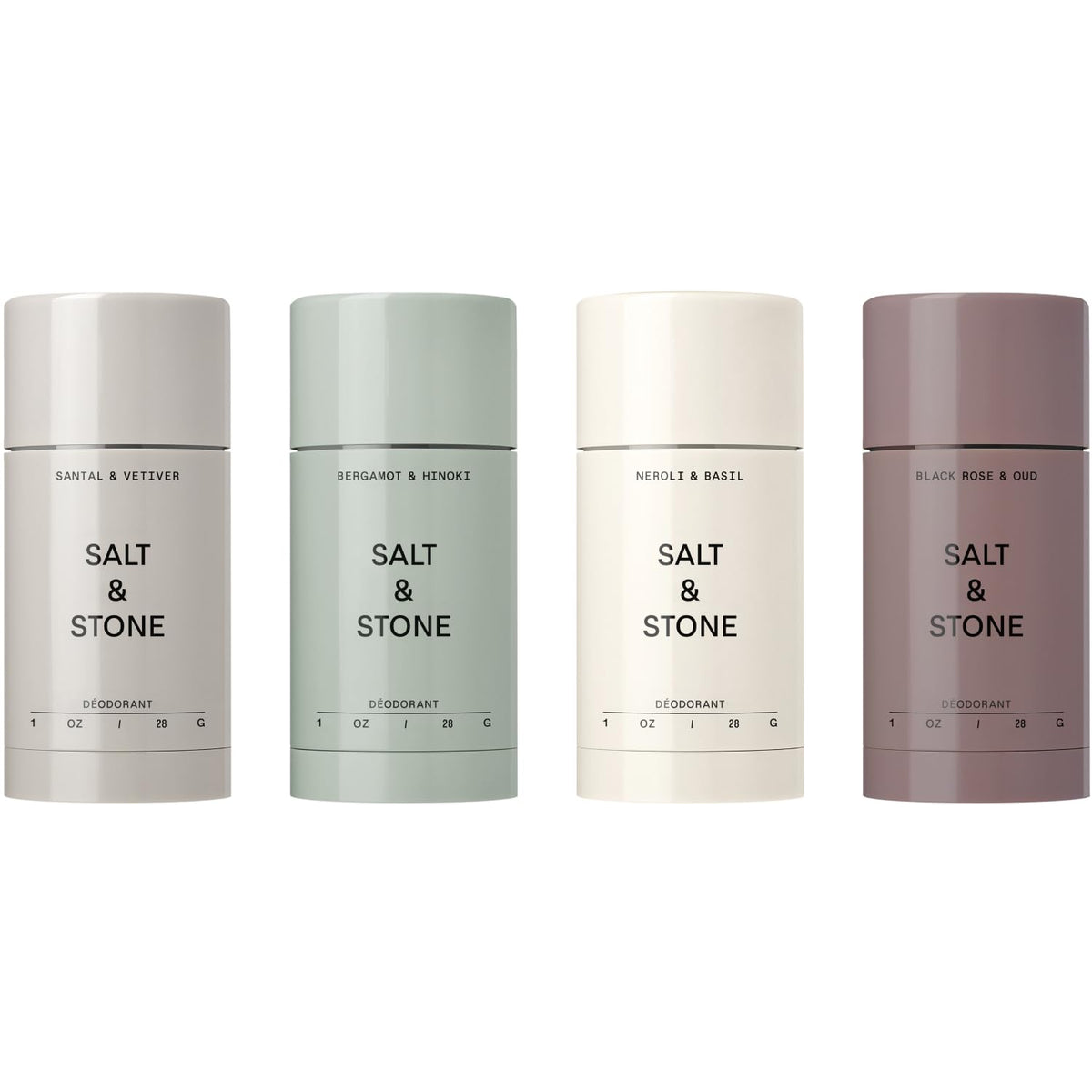 Salt & Stone empaque del set viaje mostrando cuatro sticks, ideal para llevar