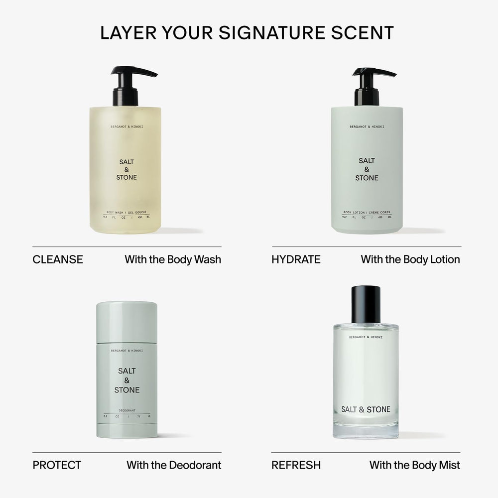 Salt & Stone en ambiente de baño elegante, beneficio experiencia sensorial refortalecida