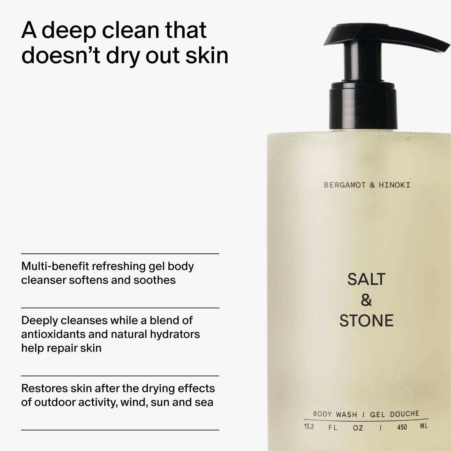 Salt & Stone detalle de la etiqueta e ingredientes, beneficio transparencia y limpieza