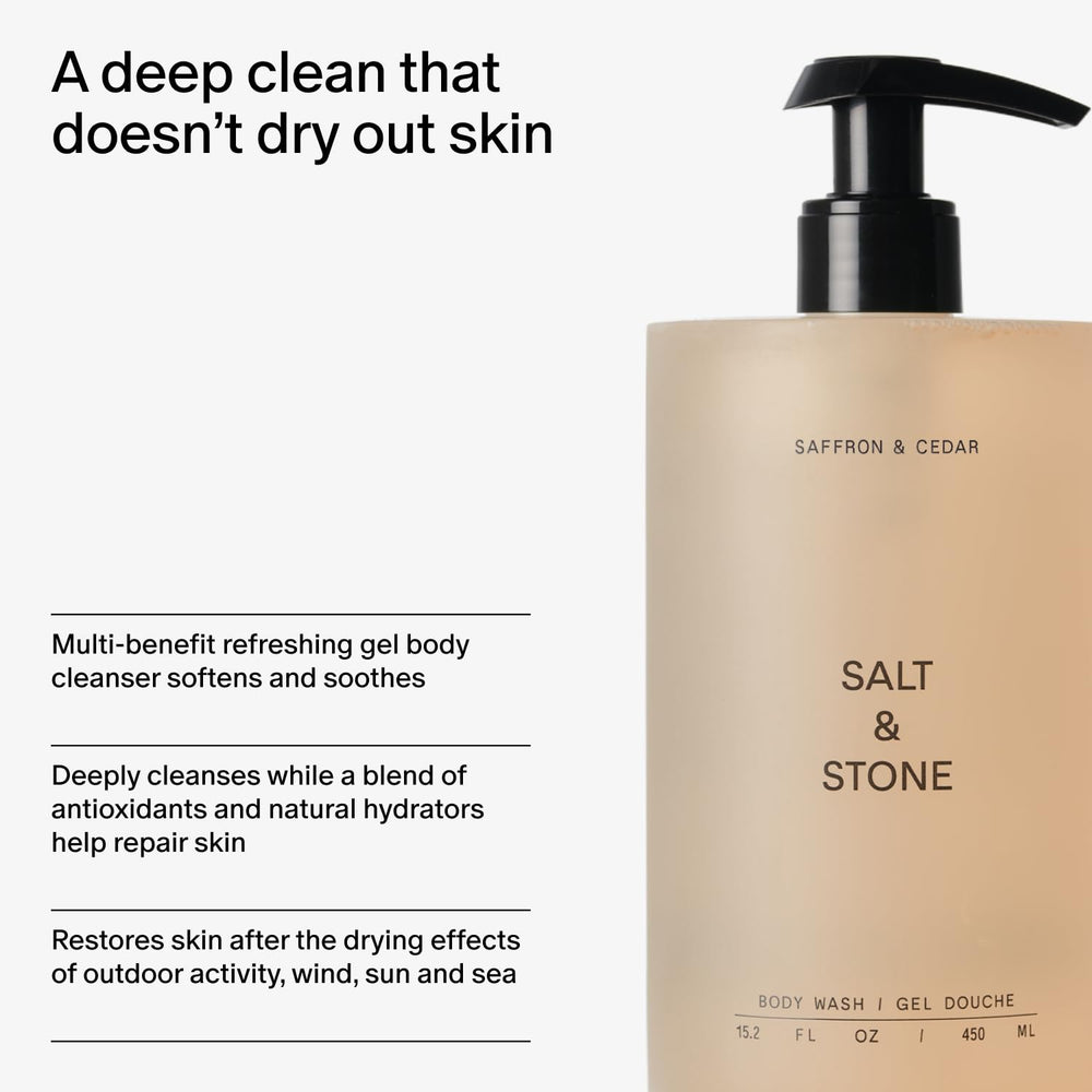 Salt & Stone gel en uso en una ducha moderna demostrando limpieza suave