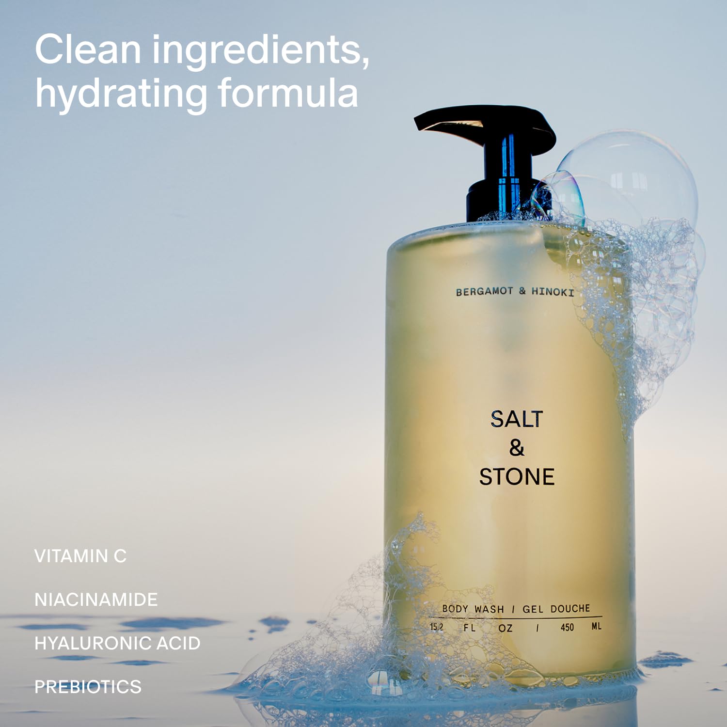 Salt & Stone textura del gel en primer plano que evidencia espuma hidratante y suave
