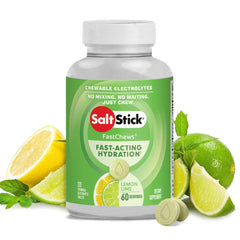 SaltStick embalaje delantero mostrando 120 tabletas, conveniente y portátil