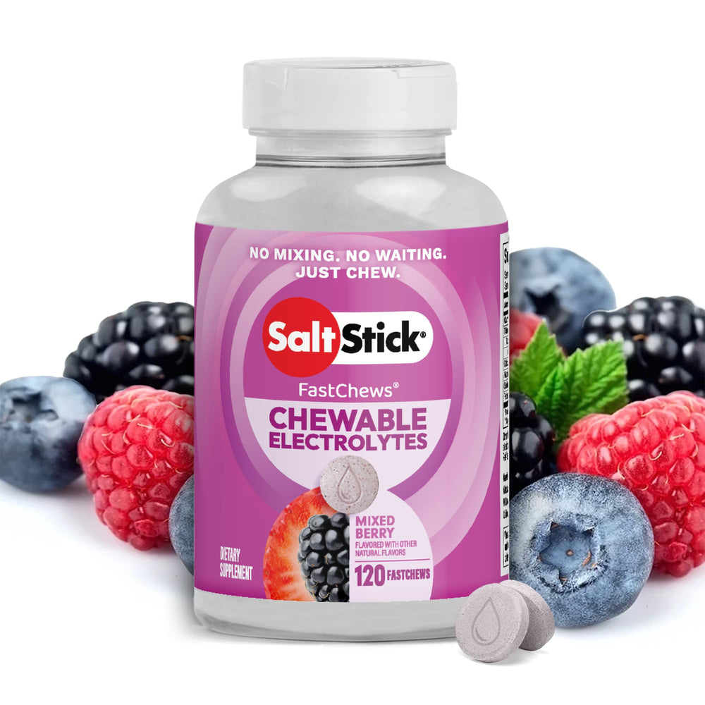 SaltStick envase frontal mostrando las 120 tabletas y beneficio portabilidad