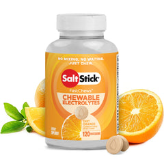 SaltStick envase frontal naranja mostrando 120 tabletas y conveniencia