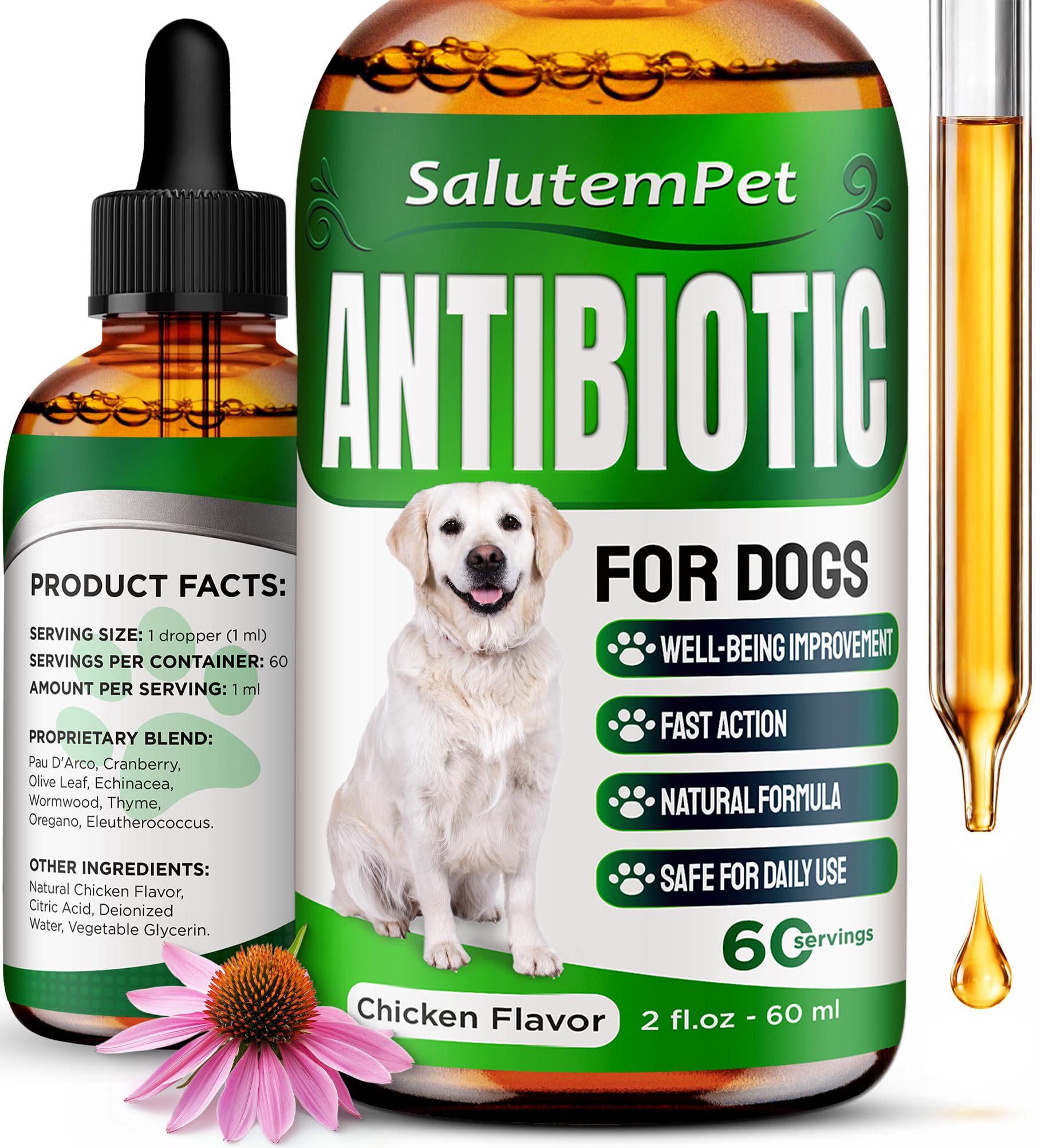 SalutemPet frasco frontal mostrando tamaño y diseño, fácil identificación