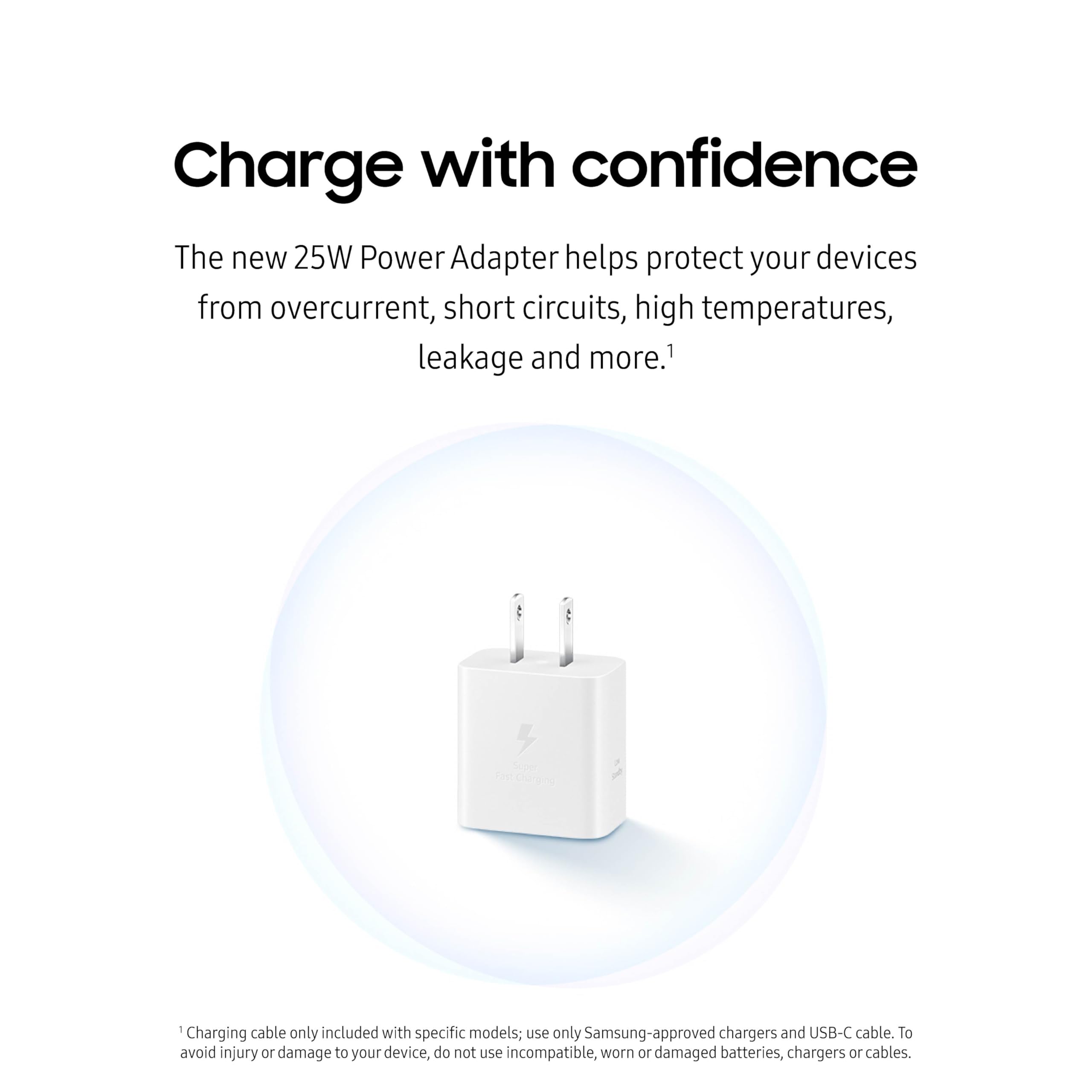 Samsung adaptador 25W cable USB‑C conectado mostrando carga rápida