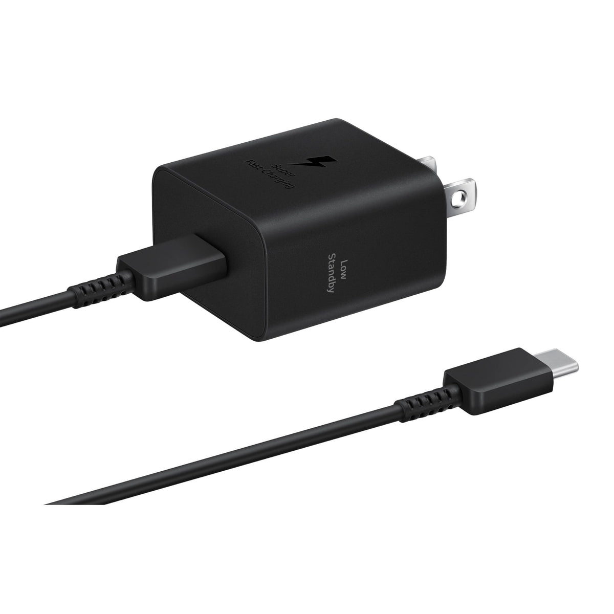 Samsung adaptador 25W frontal mostrando puerto USB‑C y diseño compacto