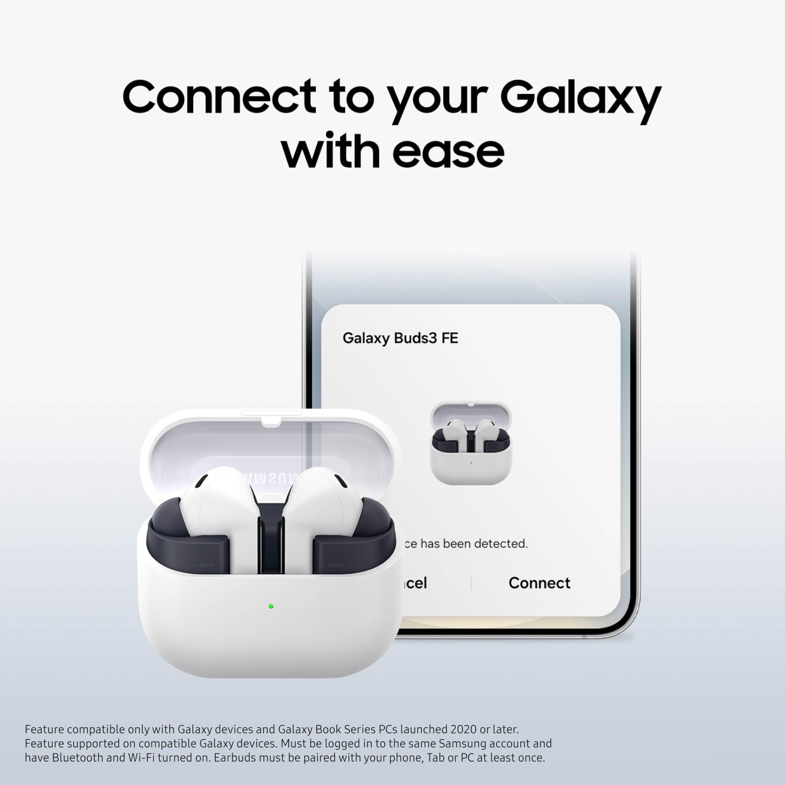 Samsung Galaxy Buds3 FE emparejados con teléfono Galaxy para conmutación fluida