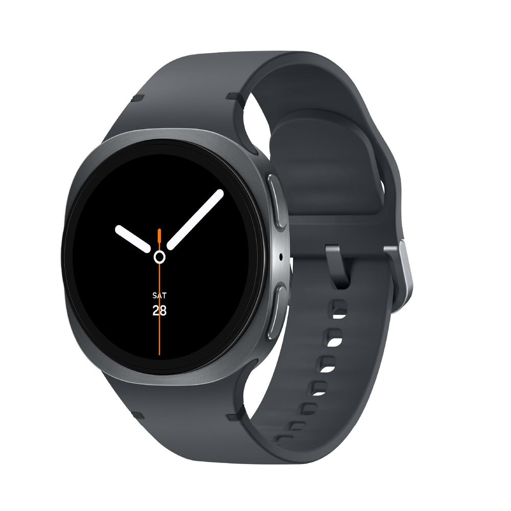 Samsung Galaxy Watch8 vista frontal en Graphite mostrando diseño minimalista y comodidad