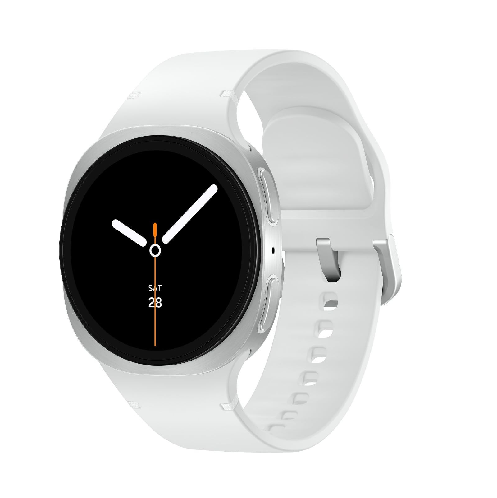 Samsung Galaxy Watch8 frente plateado con esfera clara beneficiando visibilidad rápida