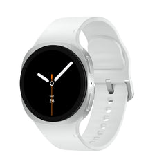Samsung Galaxy Watch8 frente plateado con esfera clara beneficiando visibilidad rápida