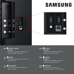 Samsung M70H primer plano de conectores y etiqueta con beneficios Smart