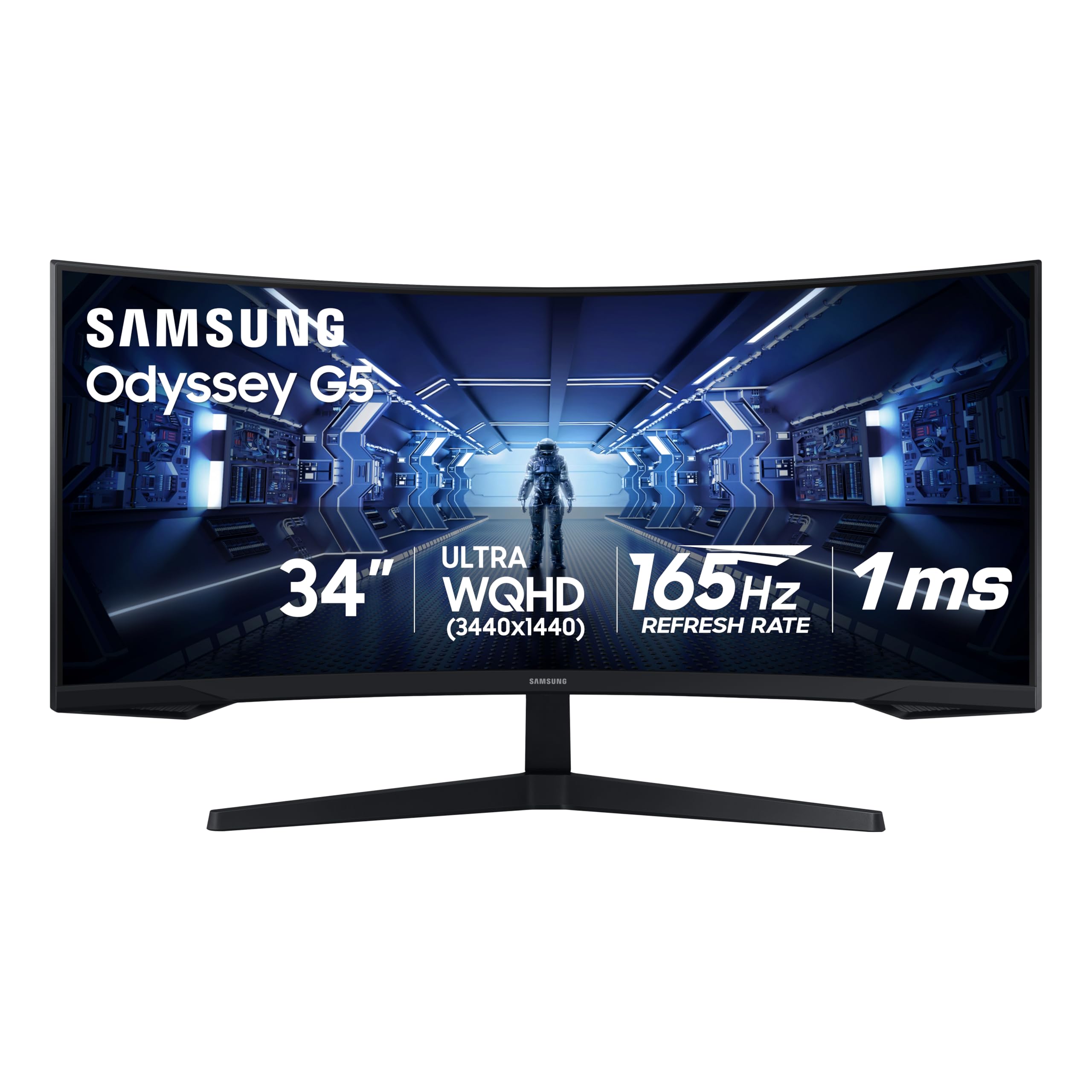 Samsung Odyssey G5 vista frontal mostrando la pantalla ultrawide y concentración