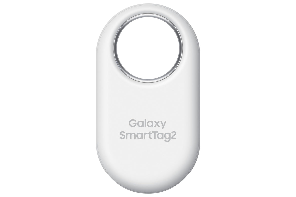 Samsung SmartTag2 frontal blanco mostrando diseño compacto y fácil sujeción