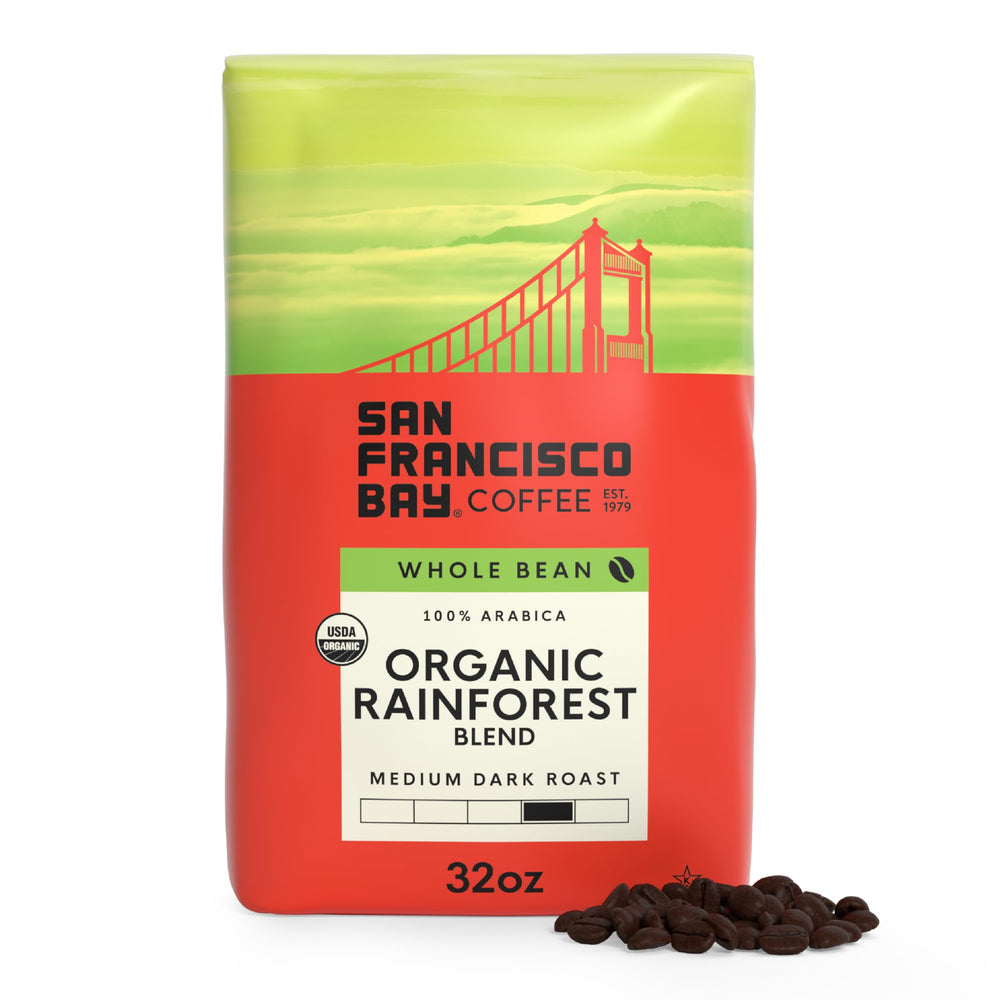 San Francisco Bay frente del empaque mostrando bolsa de 32 oz y beneficios
