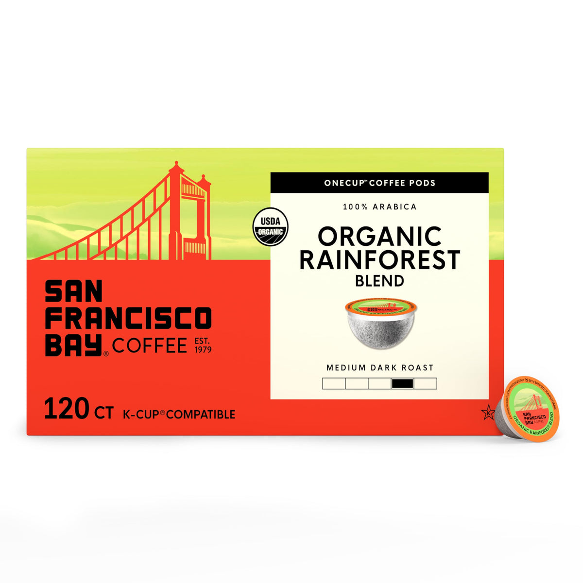 San Francisco Bay paquete frontal mostrando 120 cápsulas y conveniencia ecológica