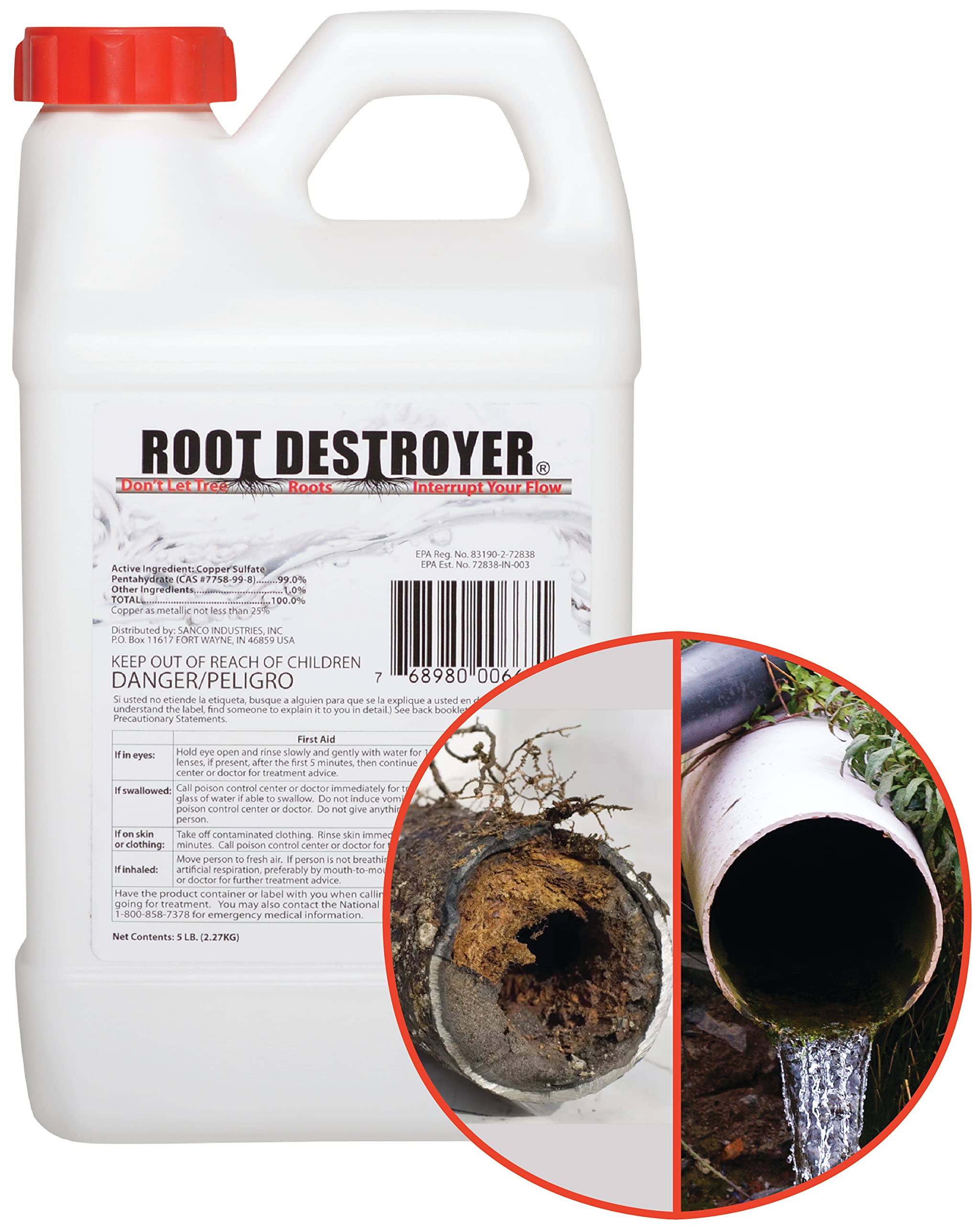 Sanco Industries paquete frontal mostrando Root Destroyer y beneficio de control de raíces